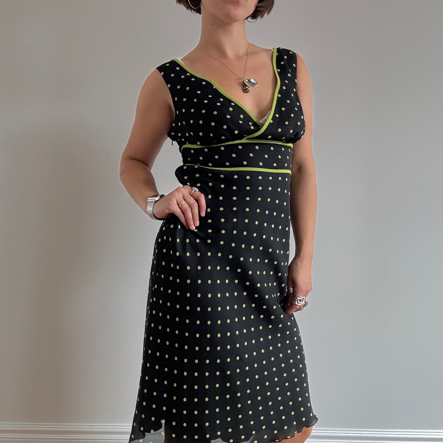 Black and green polka dot midi dress