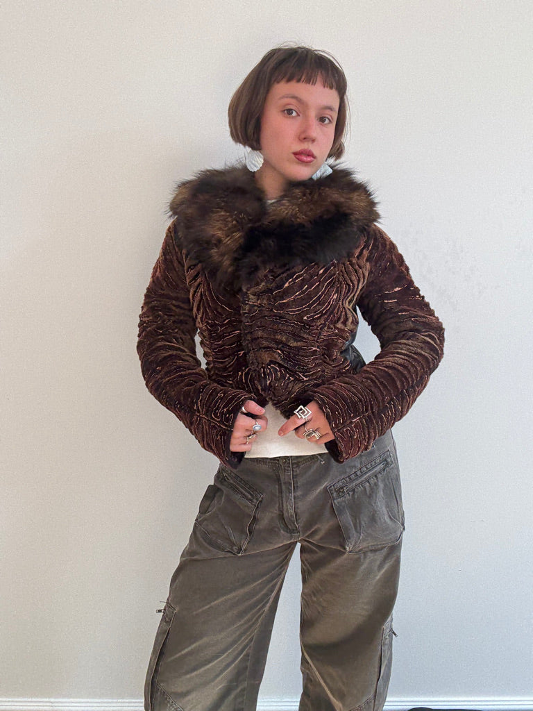 Brown shearling and fox fur jacket
