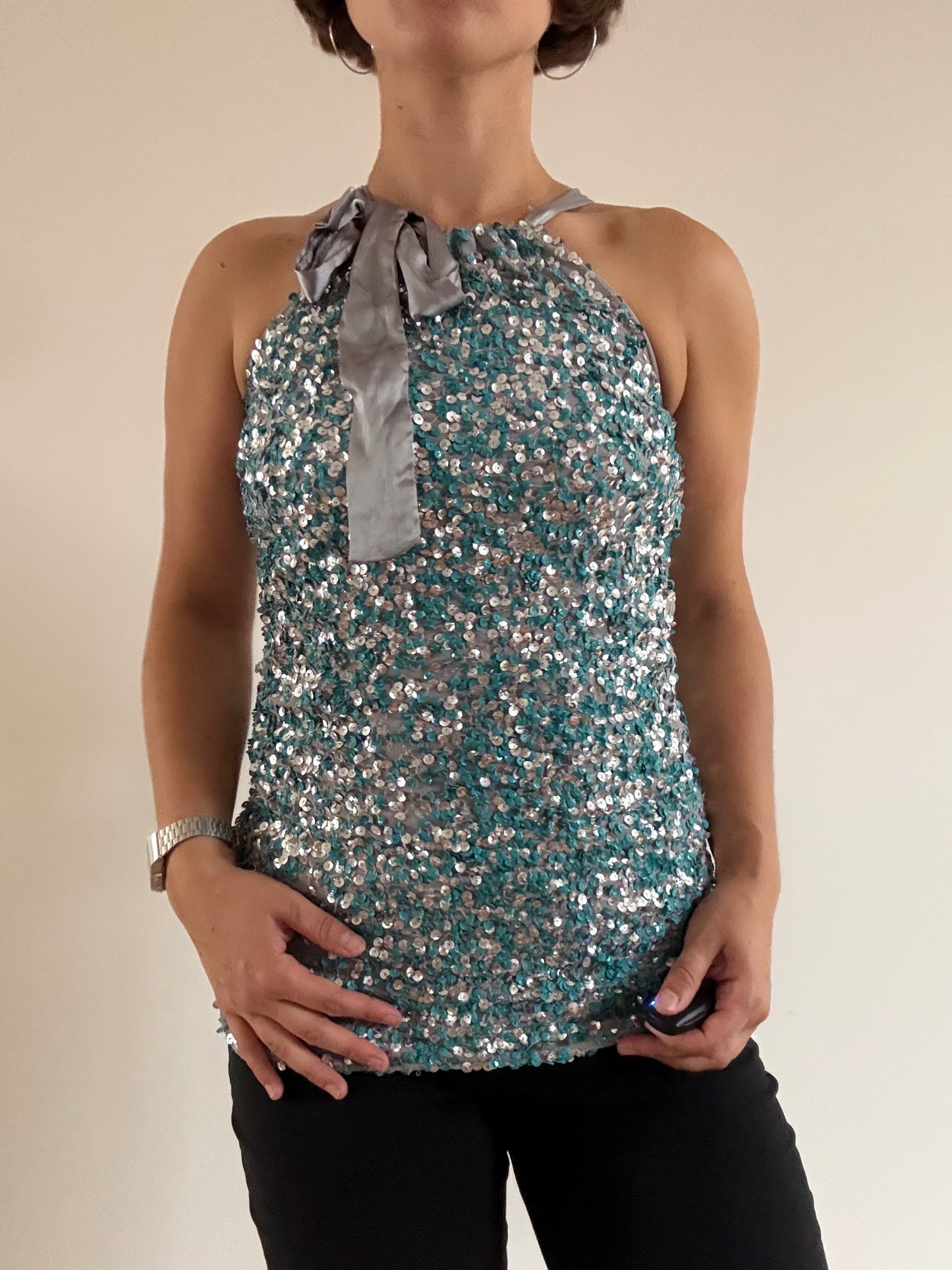 Teal and grey sequin top