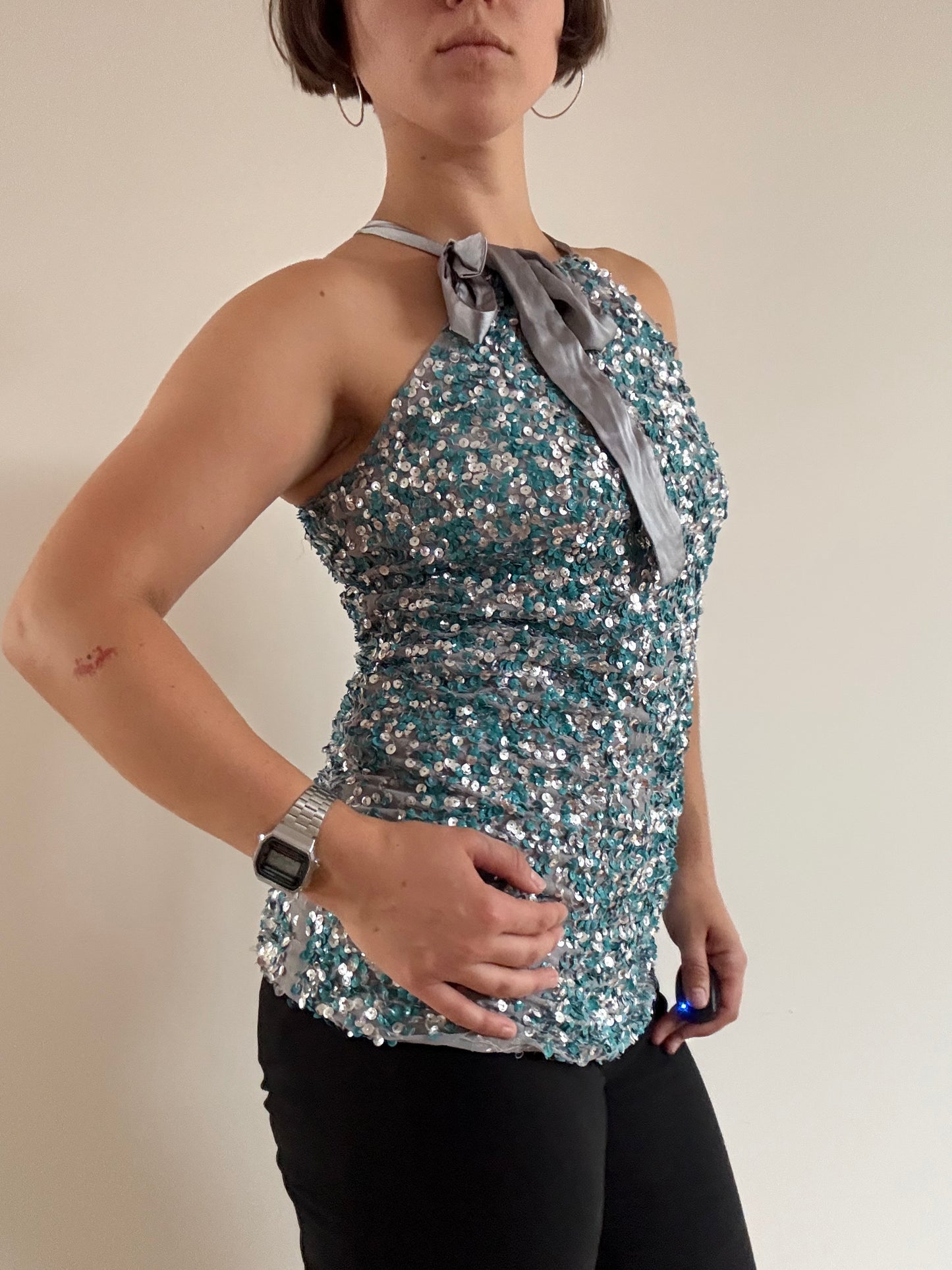 Teal and grey sequin top