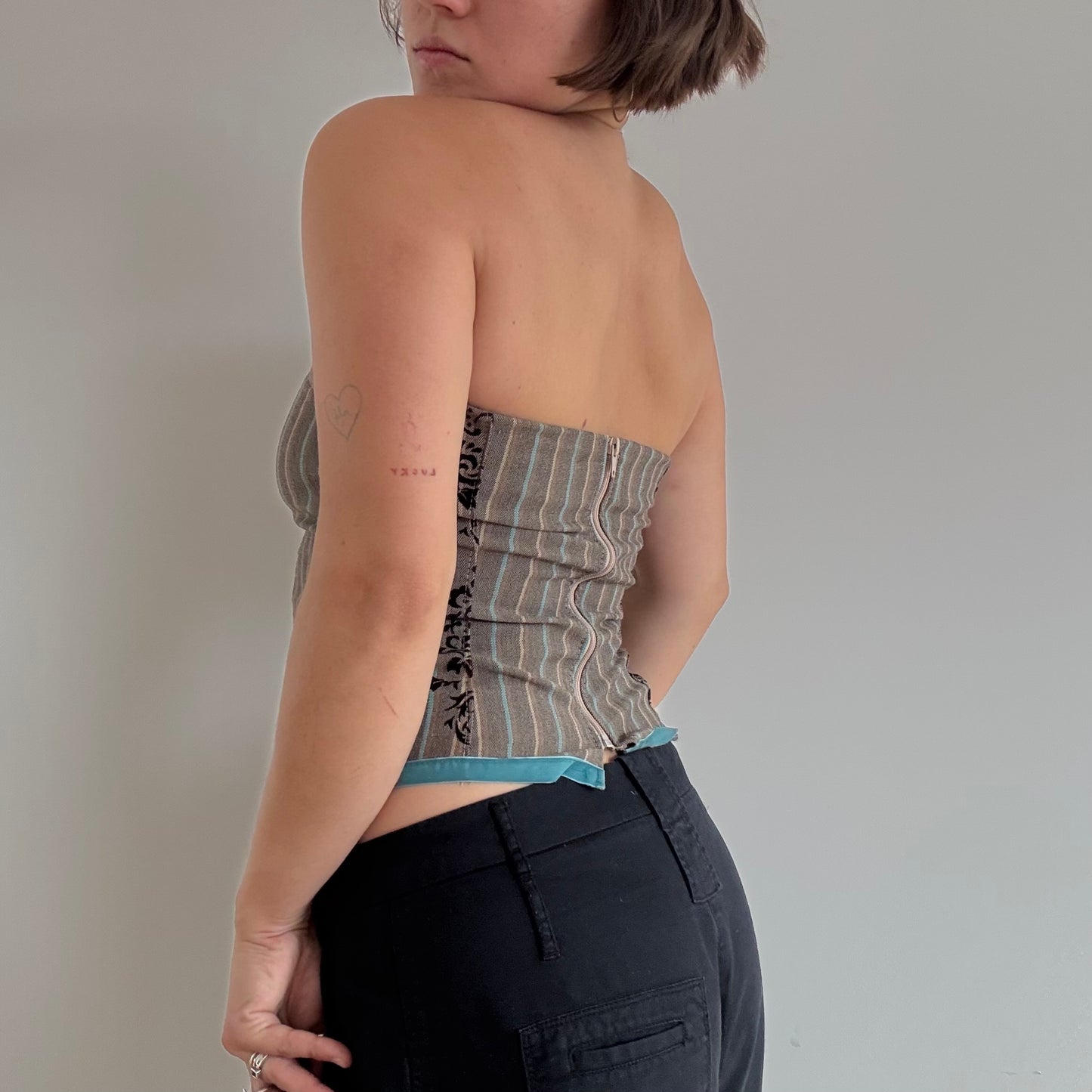 Brown and blue striped strapless top