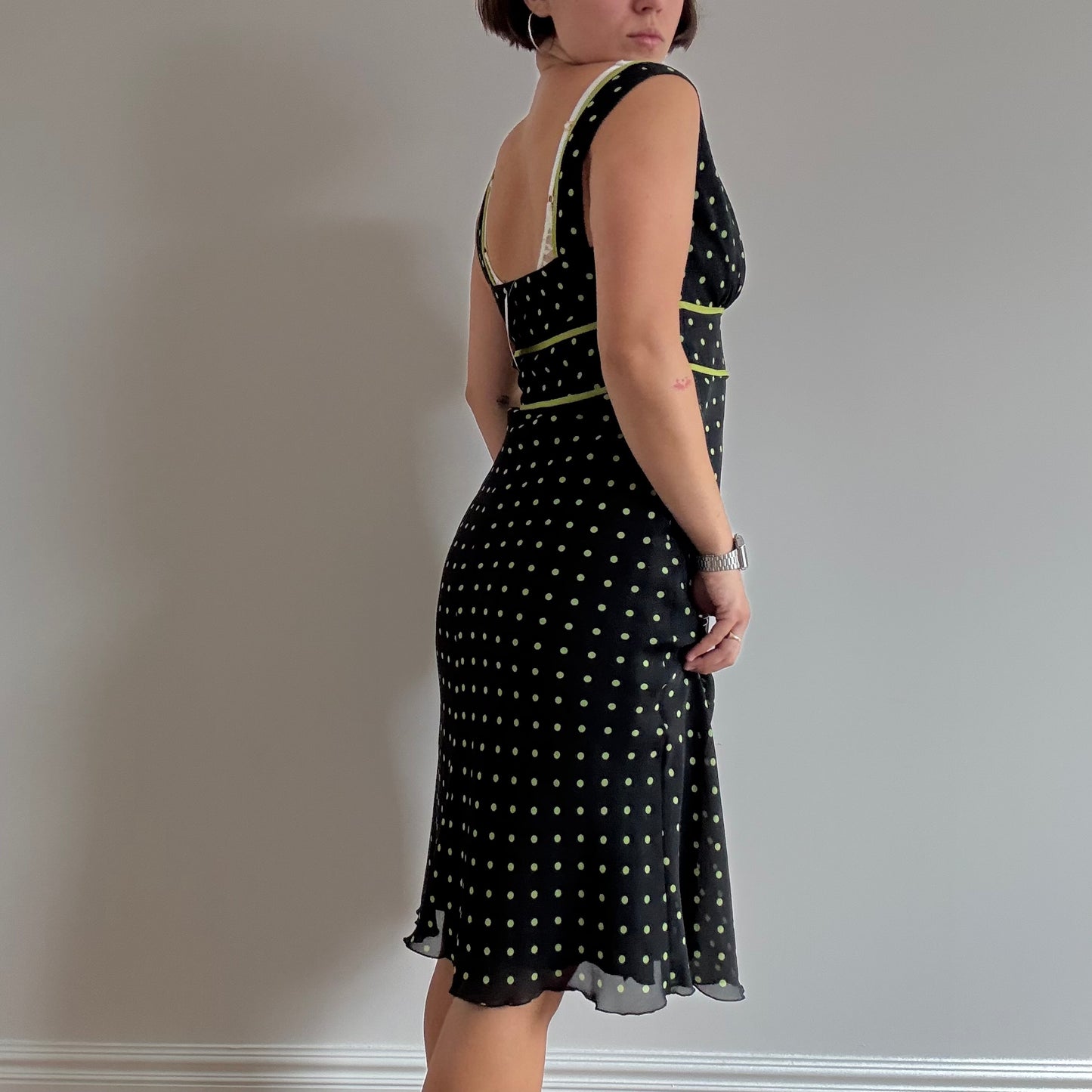 Black and green polka dot midi dress