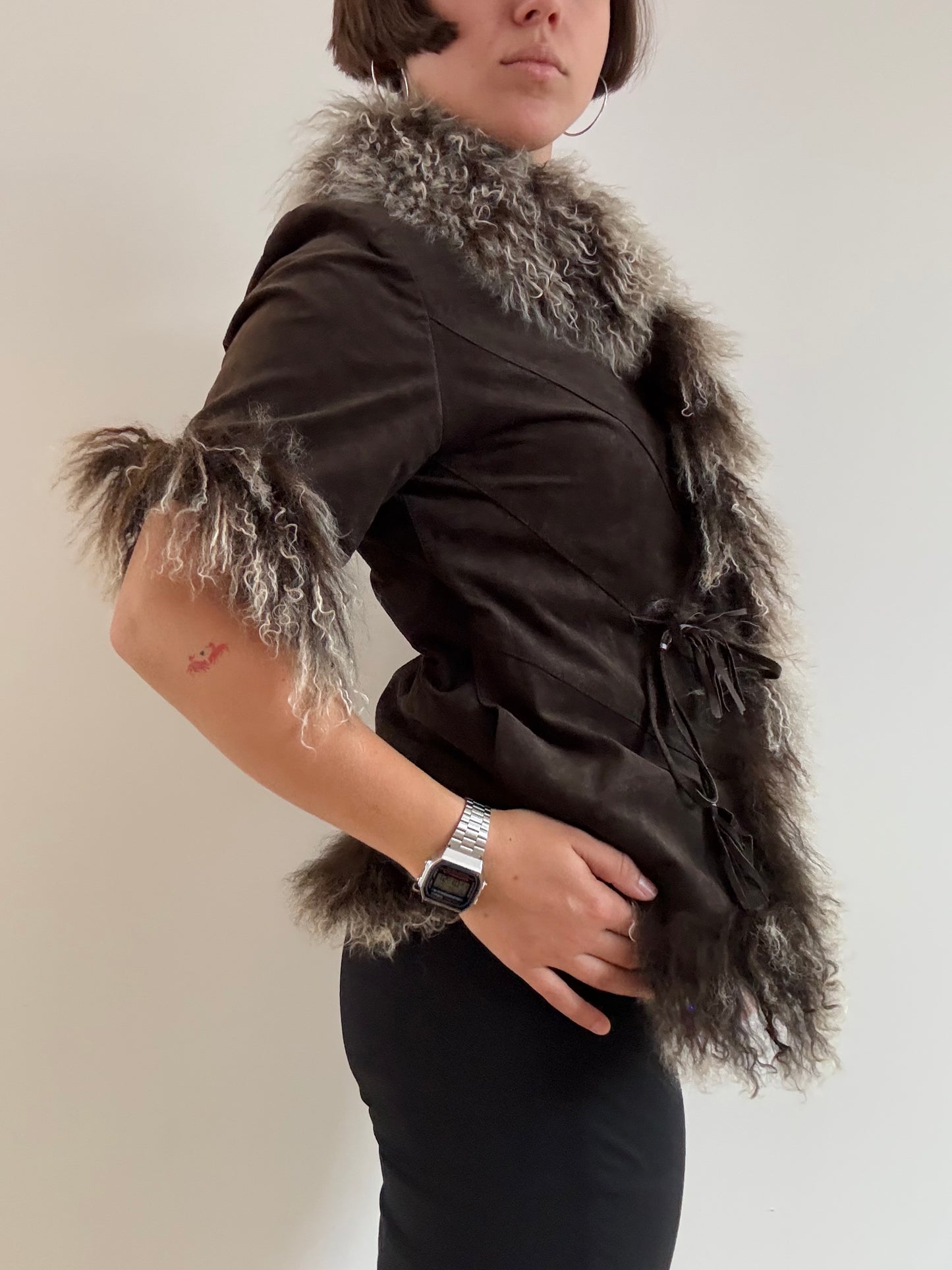 Short sleeve brown Mongolia fur jacket