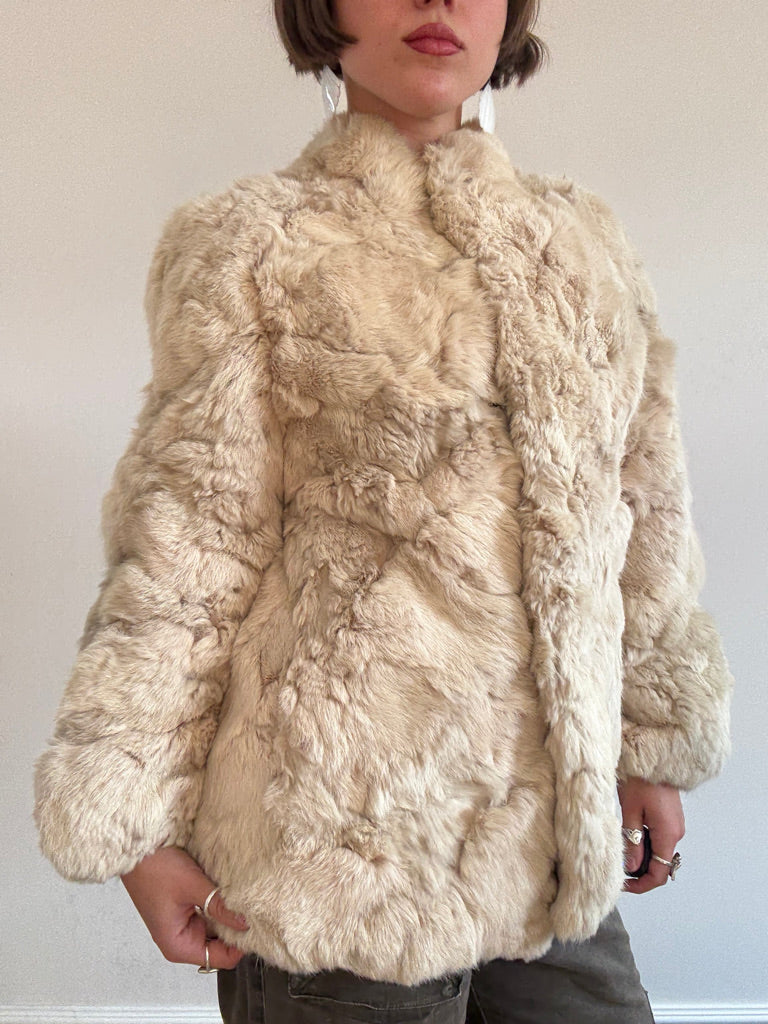 Cream rabbit fur puff jacket