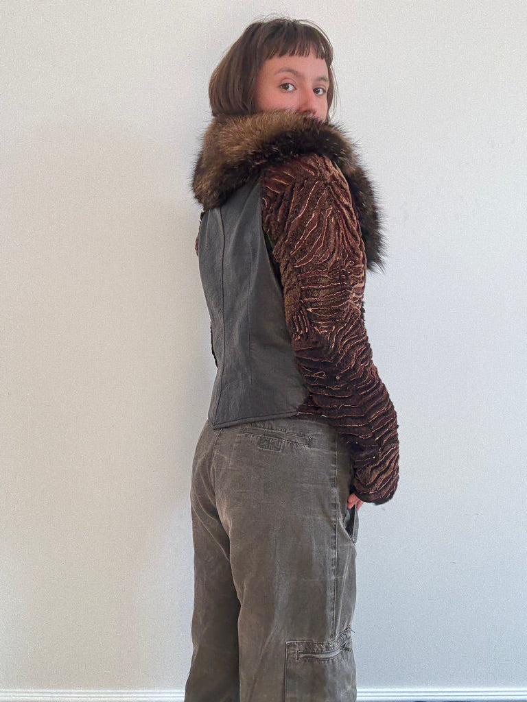 Brown shearling and fox fur jacket