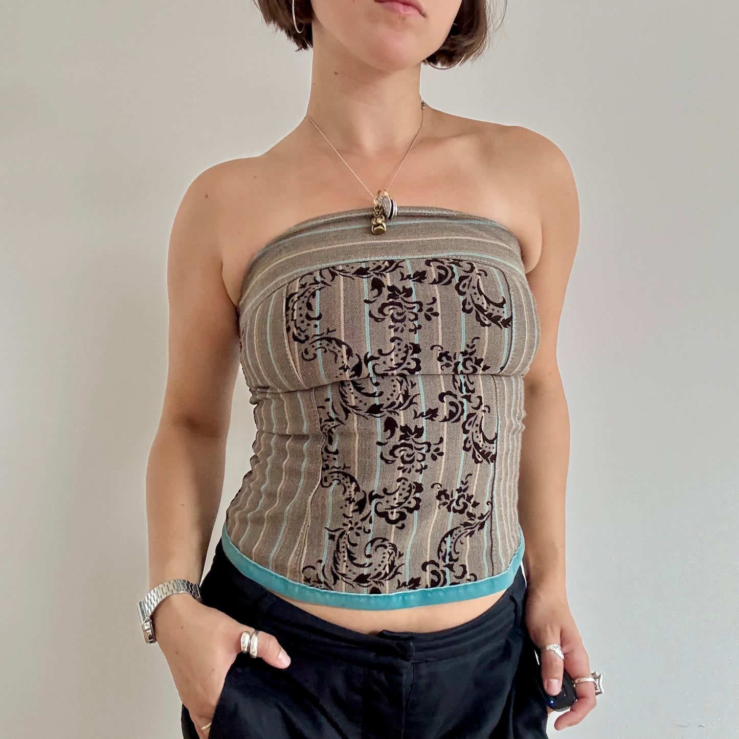 Brown and blue striped strapless top