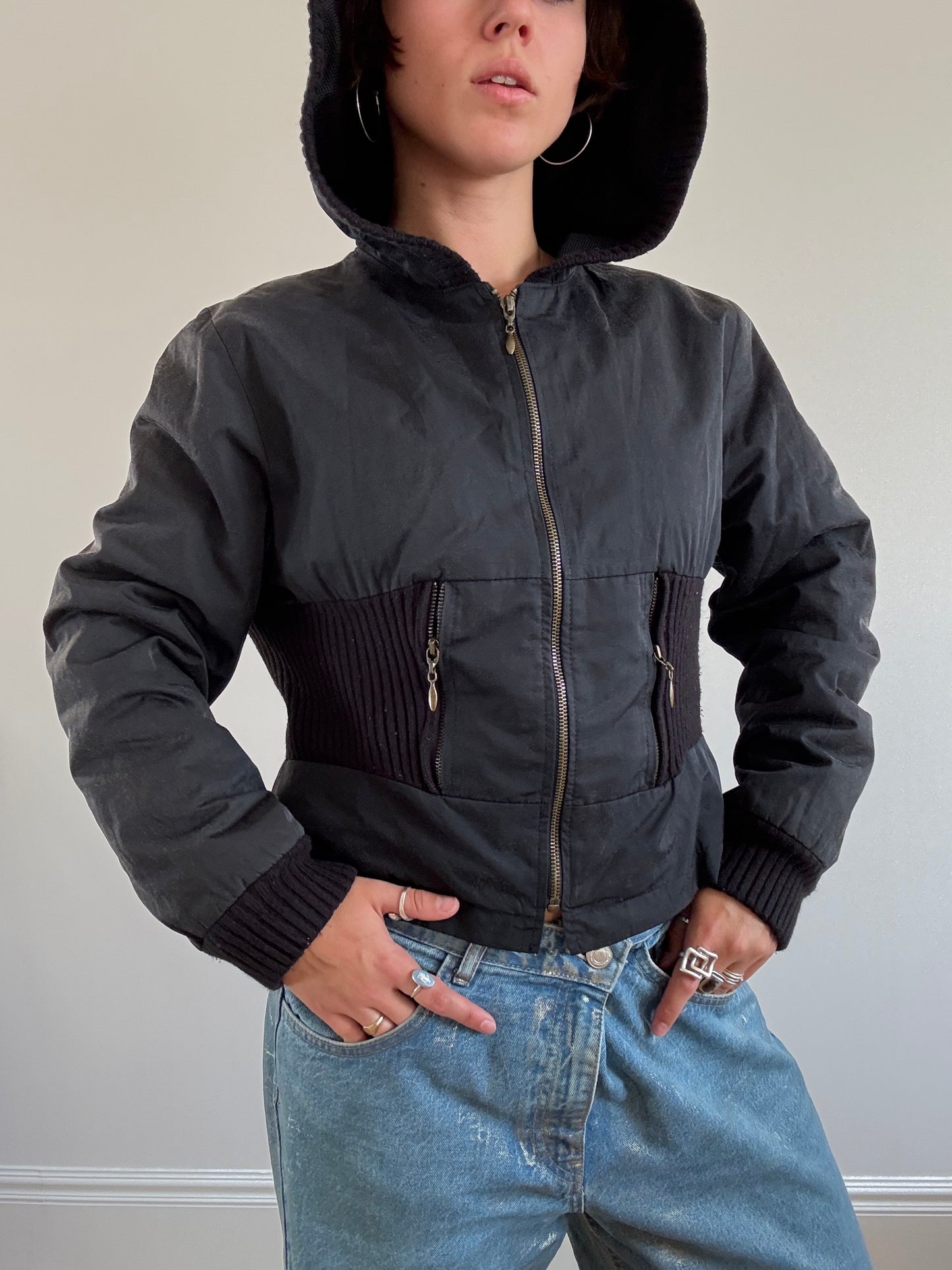 Black cinch waist bomber jacket
