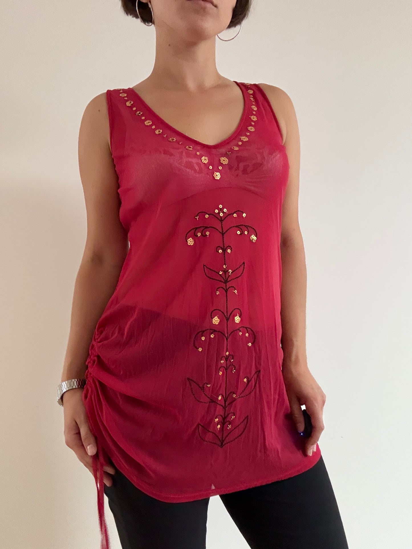 Red mesh sheer tunic