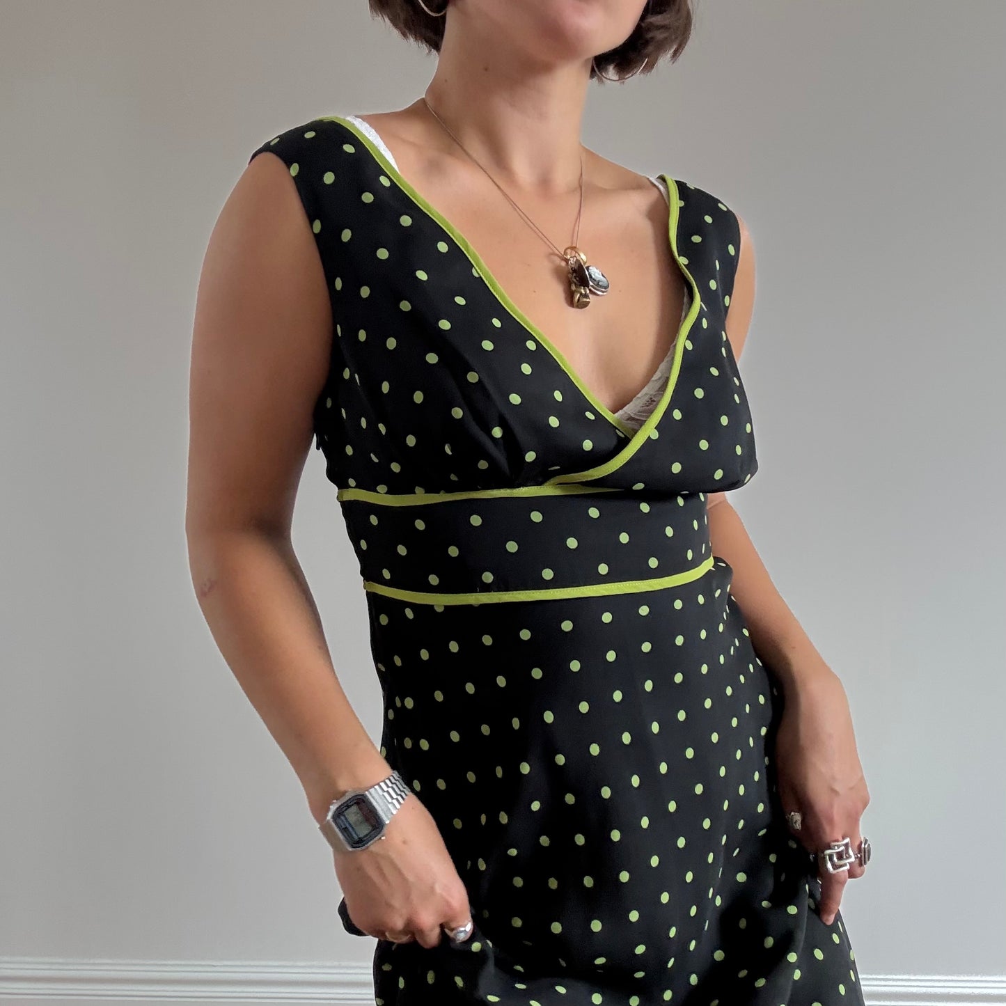 Black and green polka dot midi dress