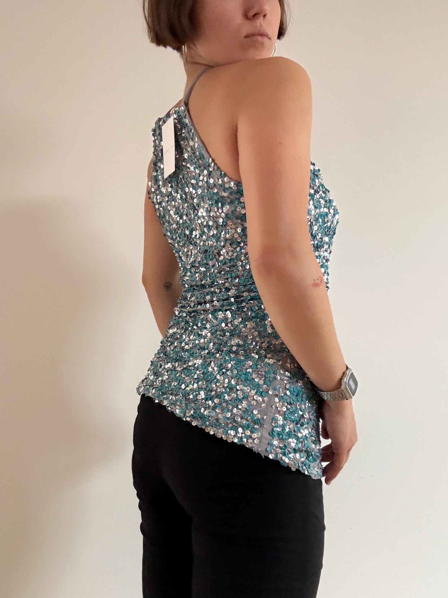 Teal and grey sequin top
