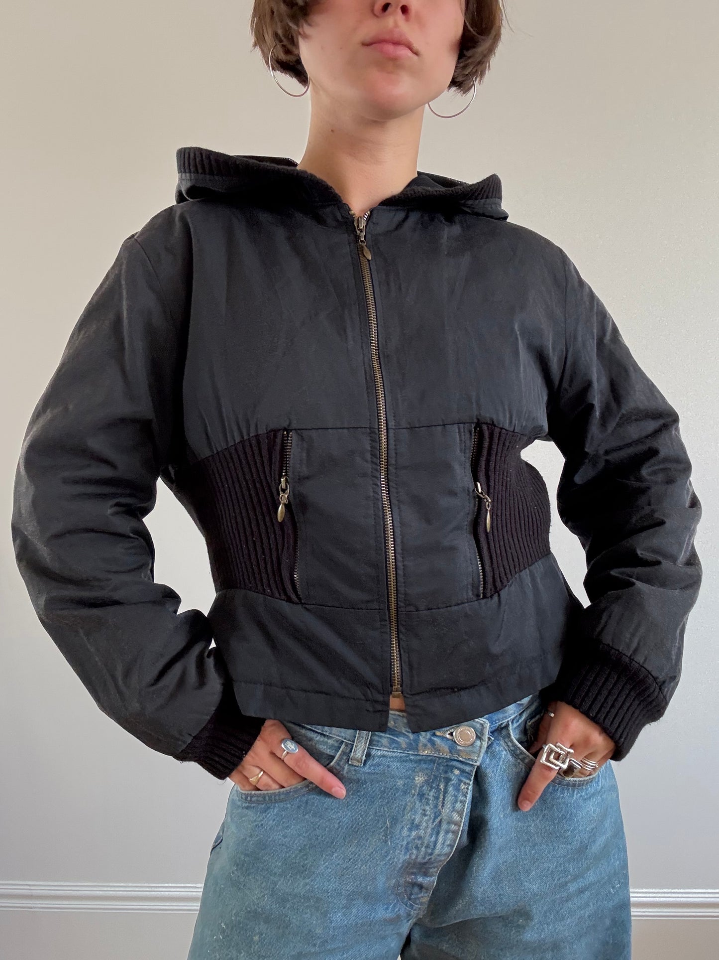Black cinch waist bomber jacket