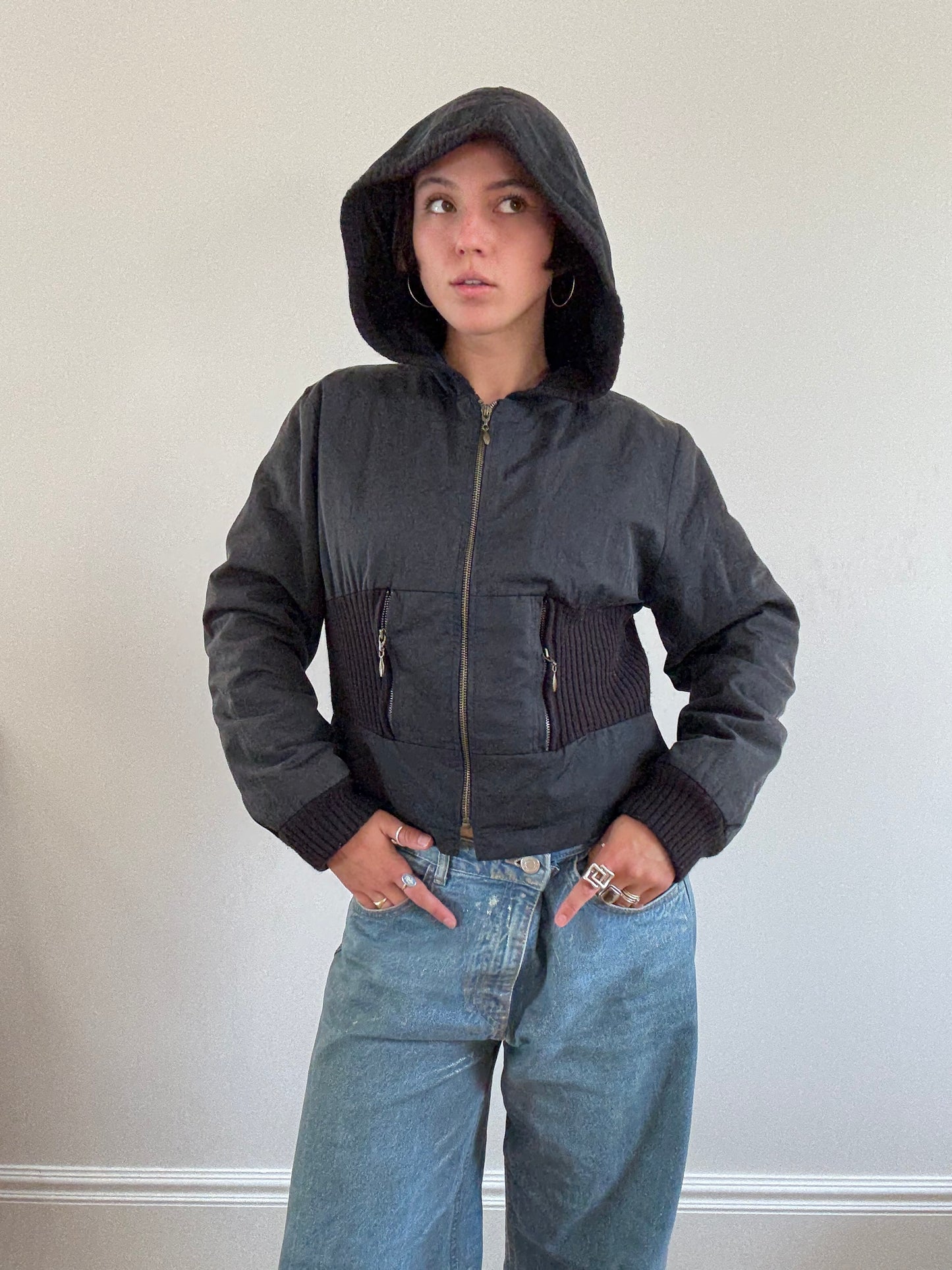 Black cinch waist bomber jacket