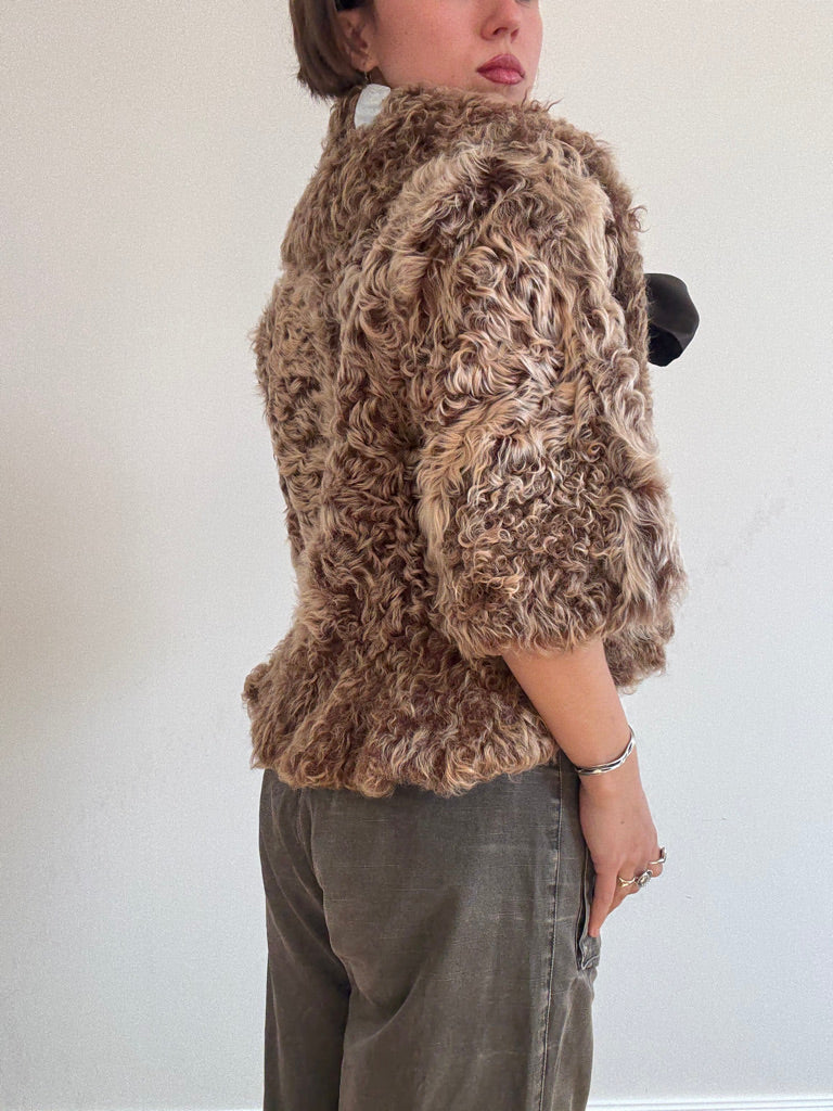 Brown shearling bow tie cardigan