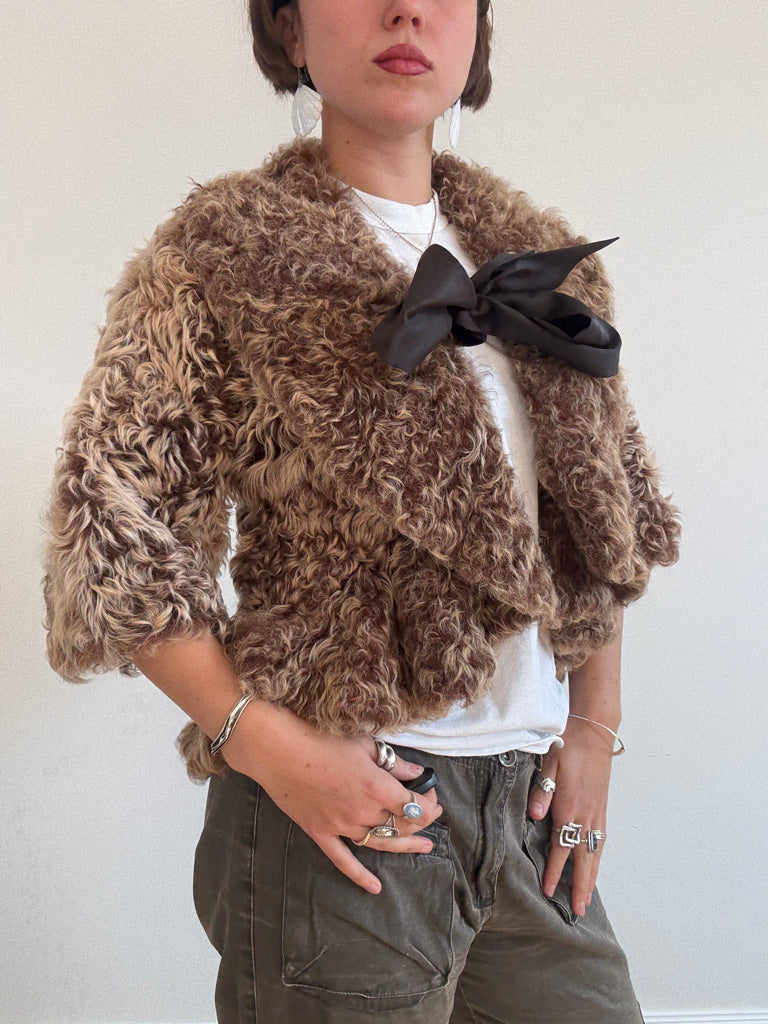Brown shearling bow tie cardigan