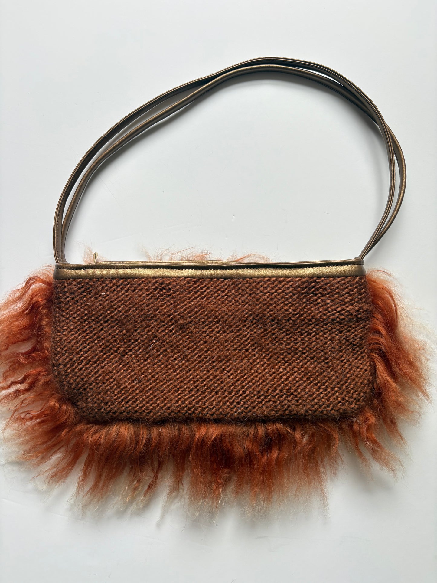 Orange mongolian fur shoulder bag