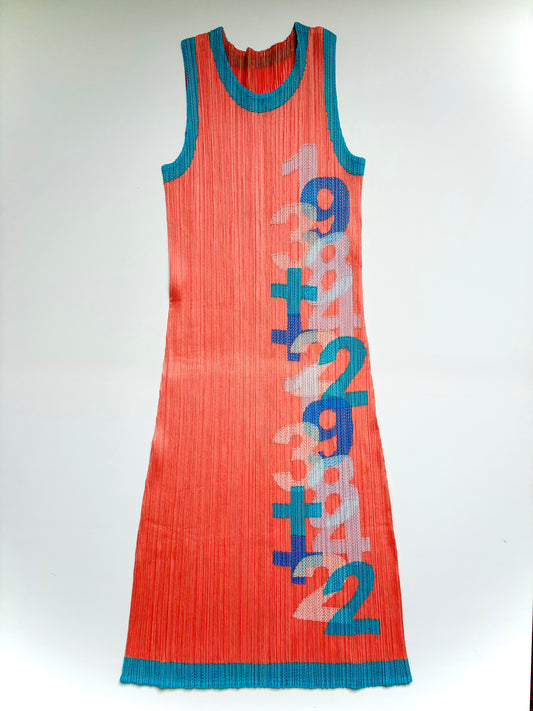 Issey Miyake Pleats Please coral and blue dress