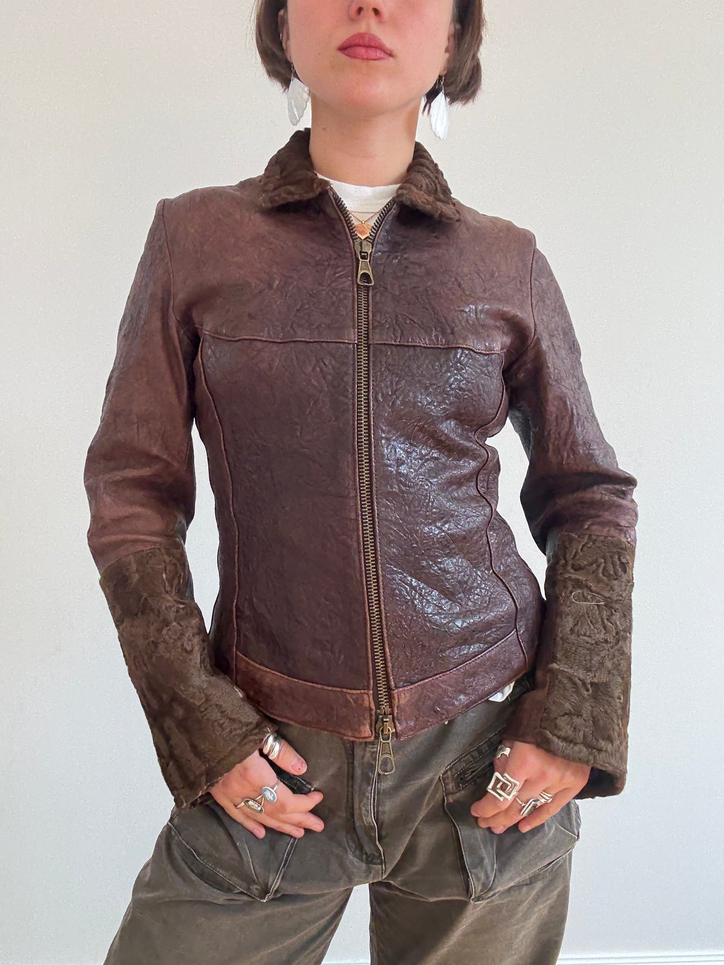 Brown leather and pony skin jacket
