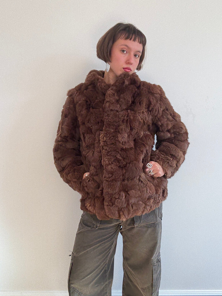 Brown rabbit fur puff jacket