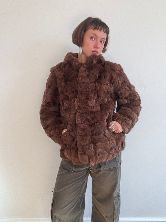 Brown rabbit fur puff jacket