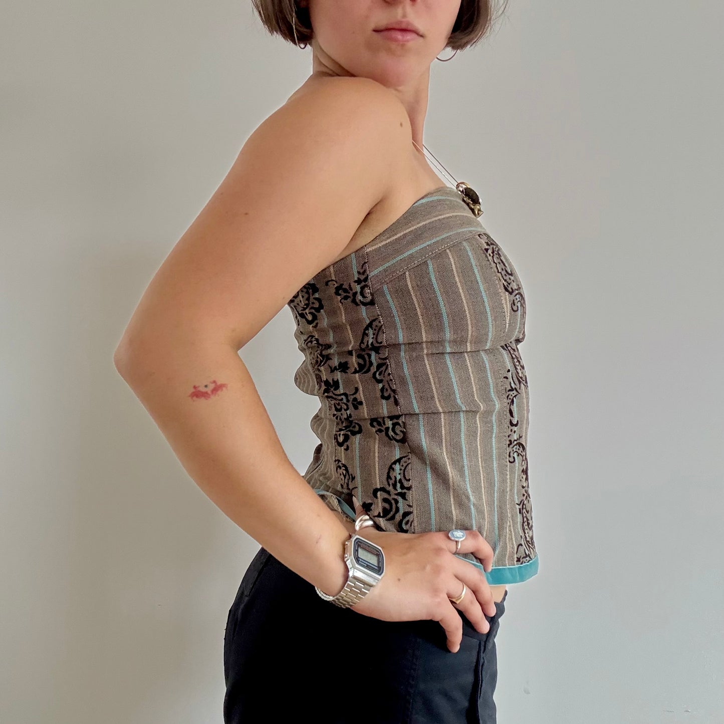 Brown and blue striped strapless top