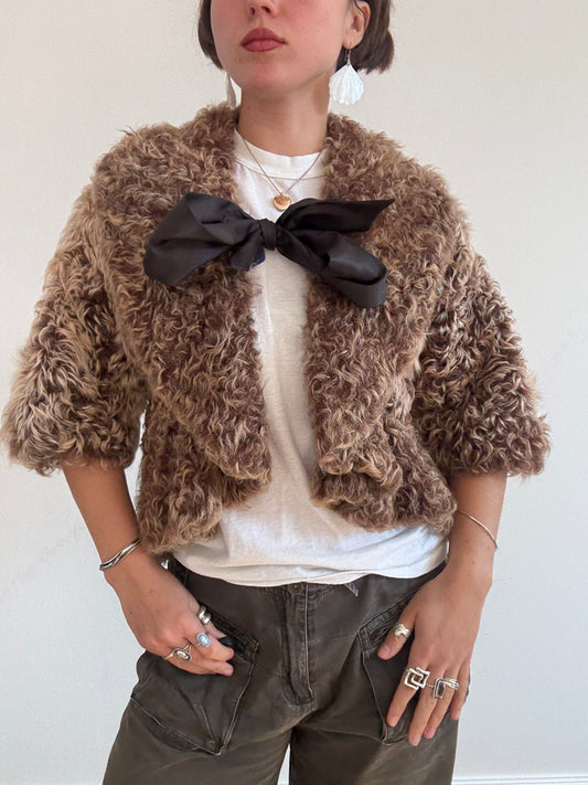 Brown shearling bow tie cardigan