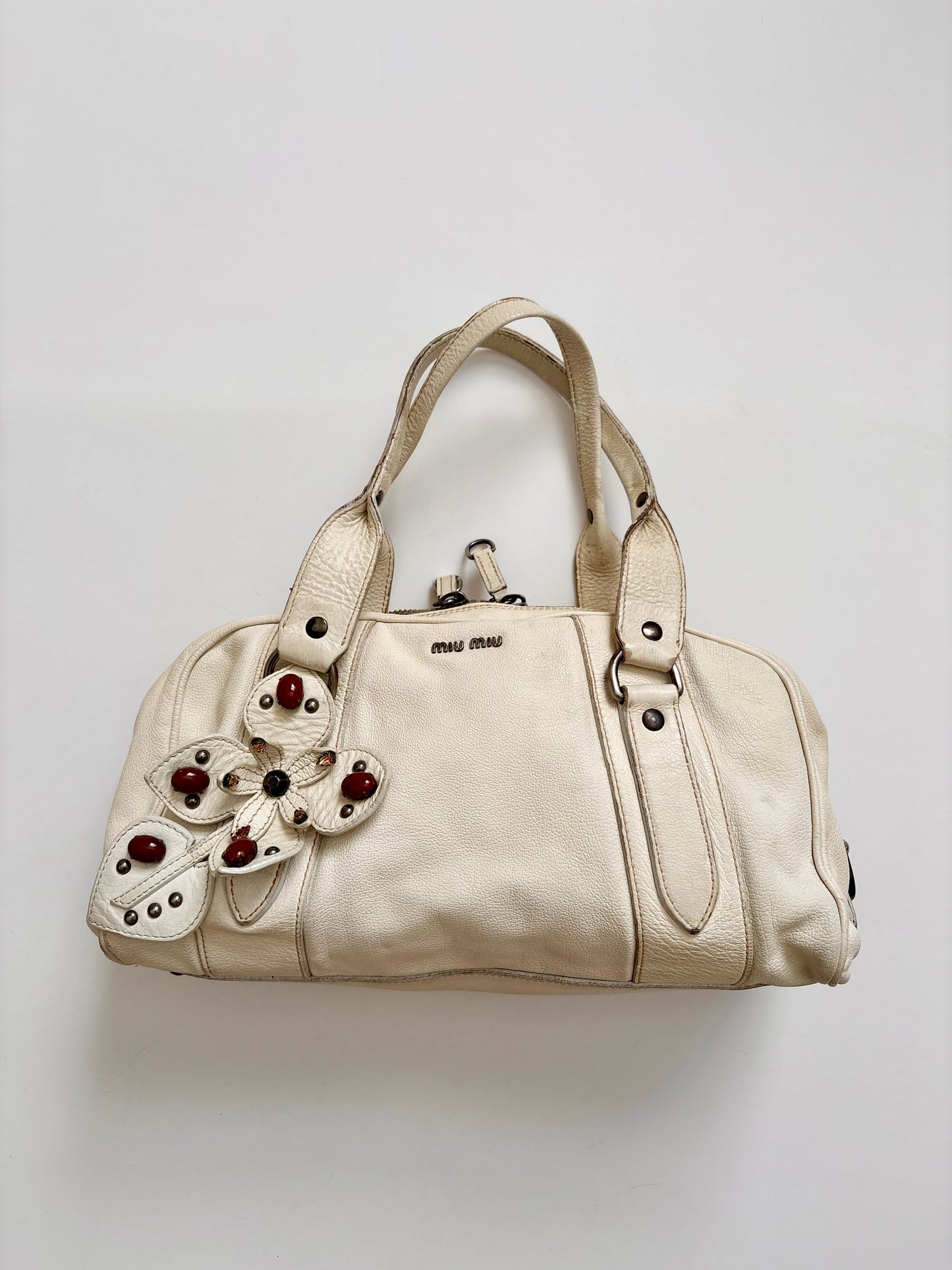 00s Miu Miu cream leather jewel baguette