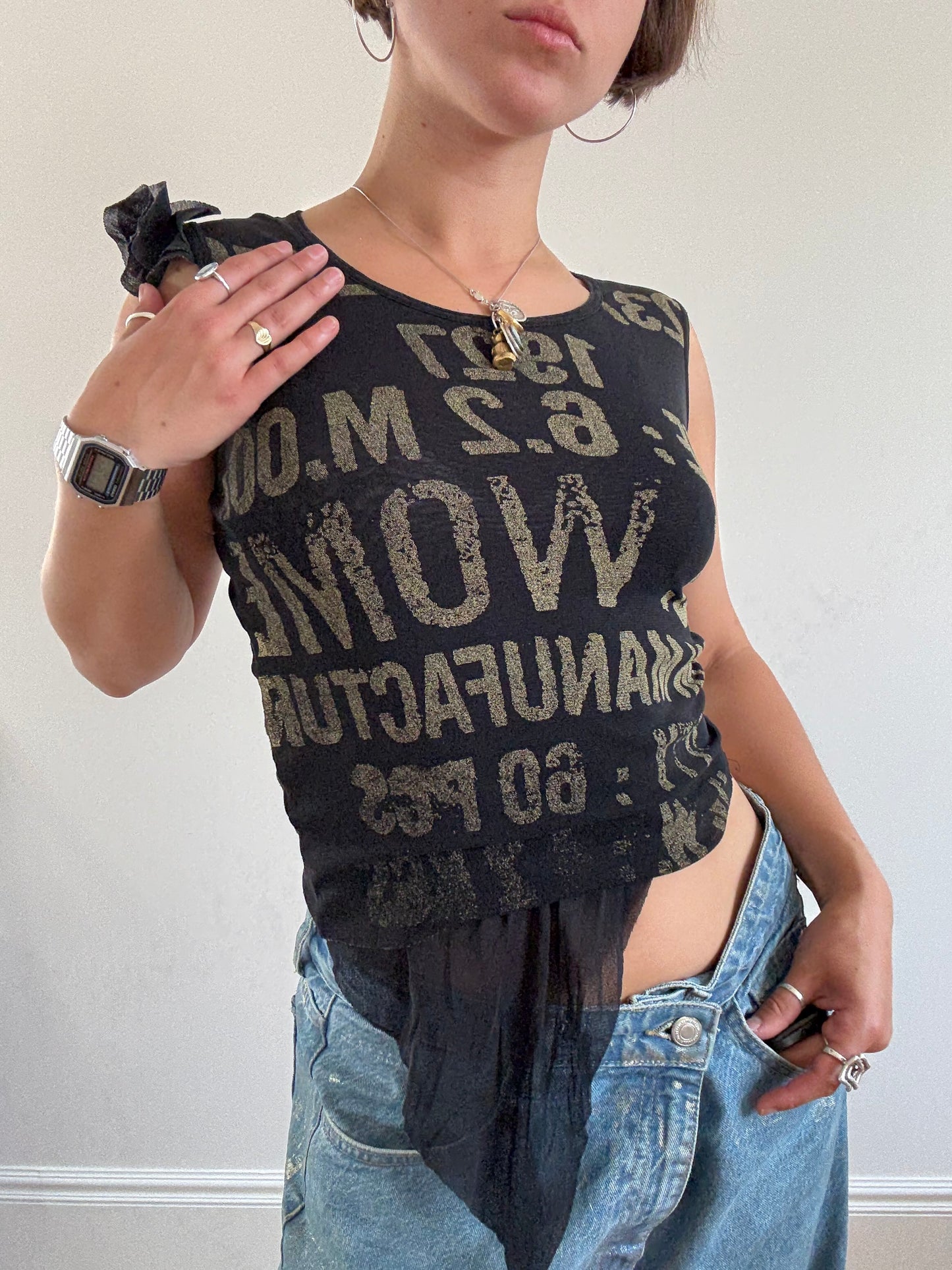 Black mesh vest with khaki lettering