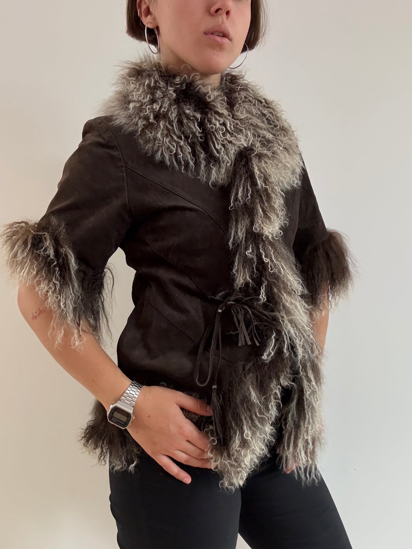 Short sleeve brown Mongolia fur jacket