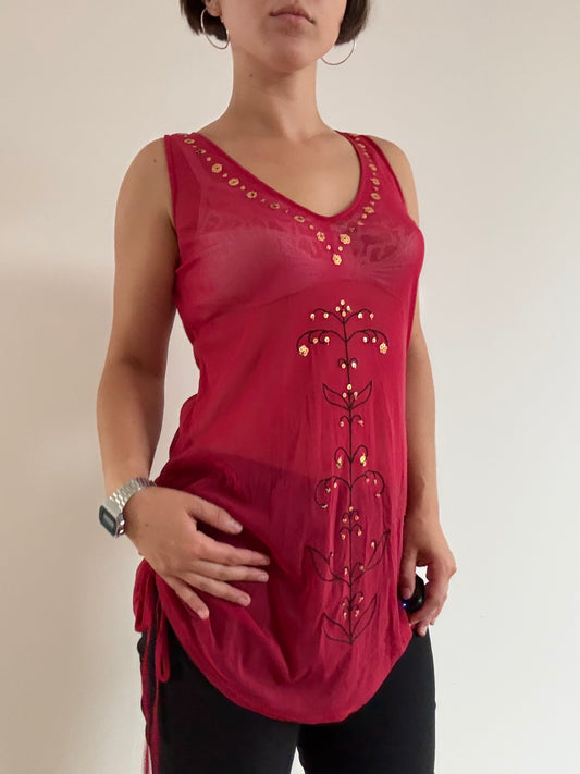 Red mesh sheer tunic