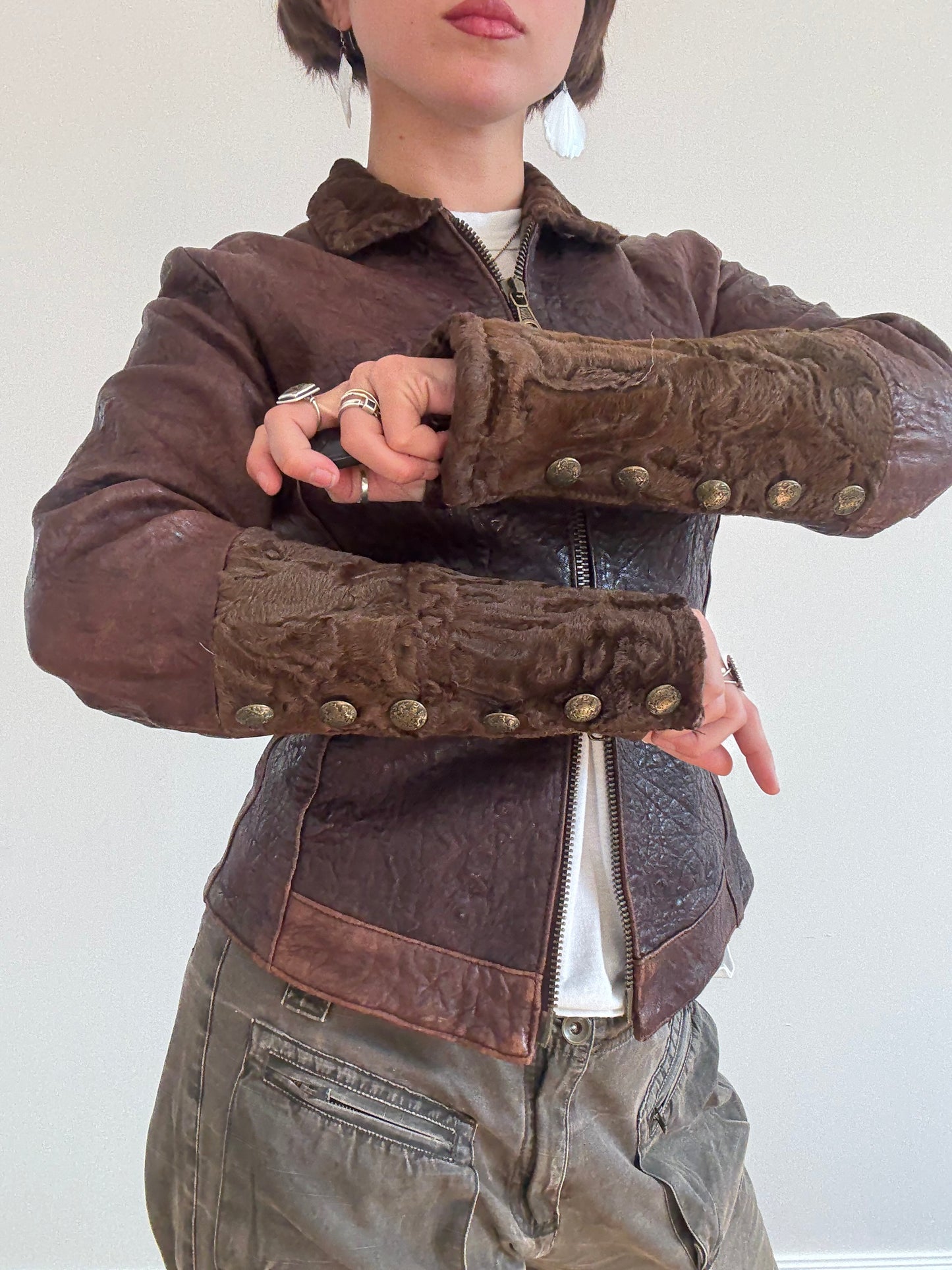 Brown leather and pony skin jacket