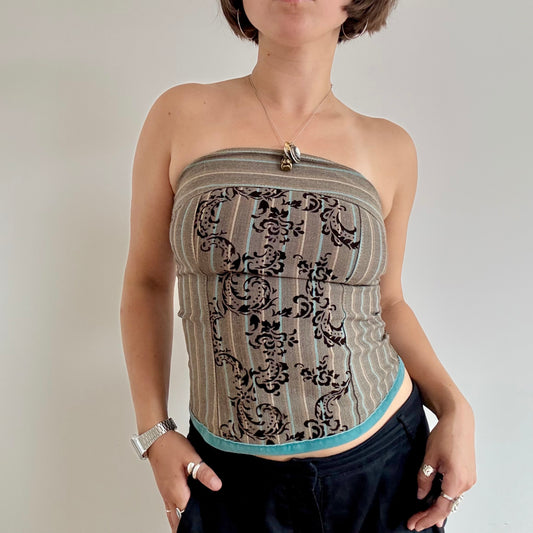 Brown and blue striped strapless top