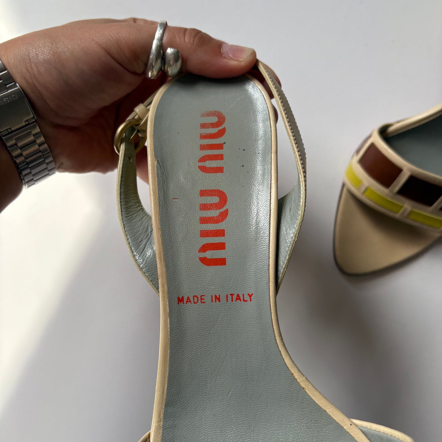 Miu Miu green and brown stripe heels