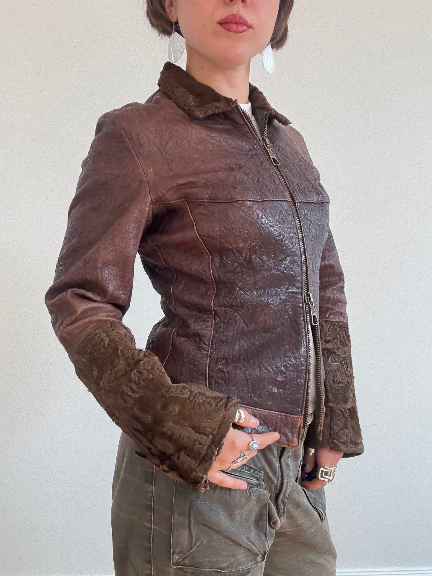 Brown leather and pony skin jacket