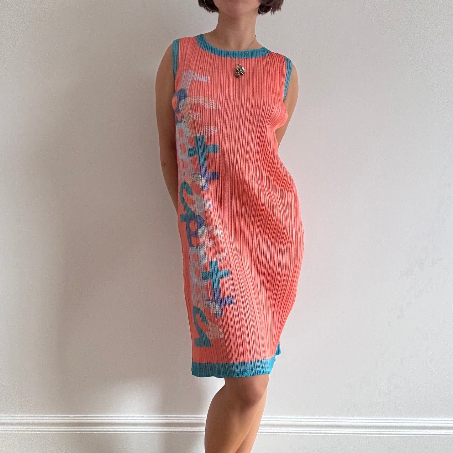 Issey Miyake Pleats Please coral and blue dress