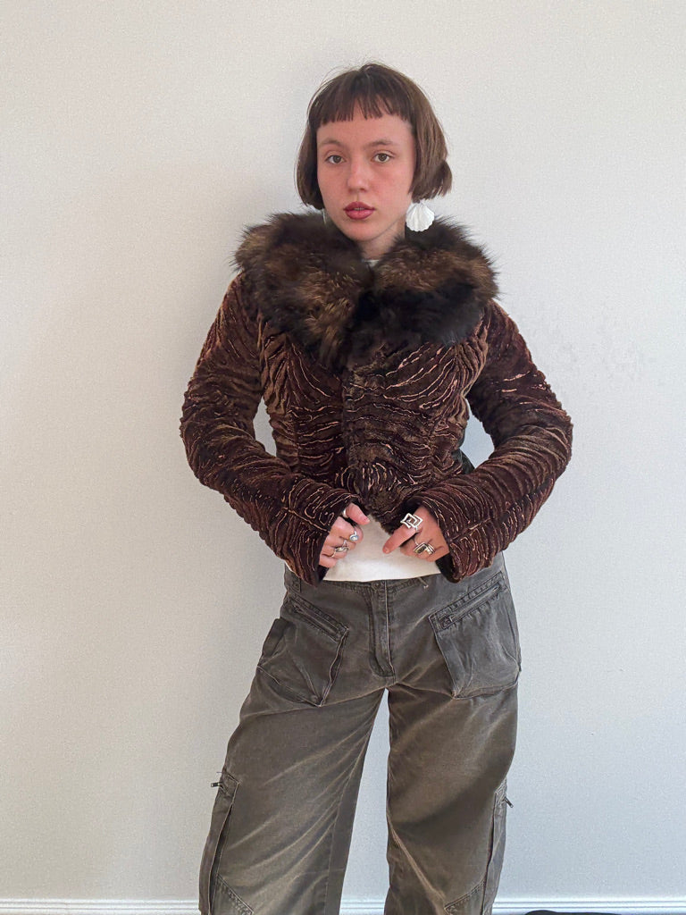 Brown shearling and fox fur jacket