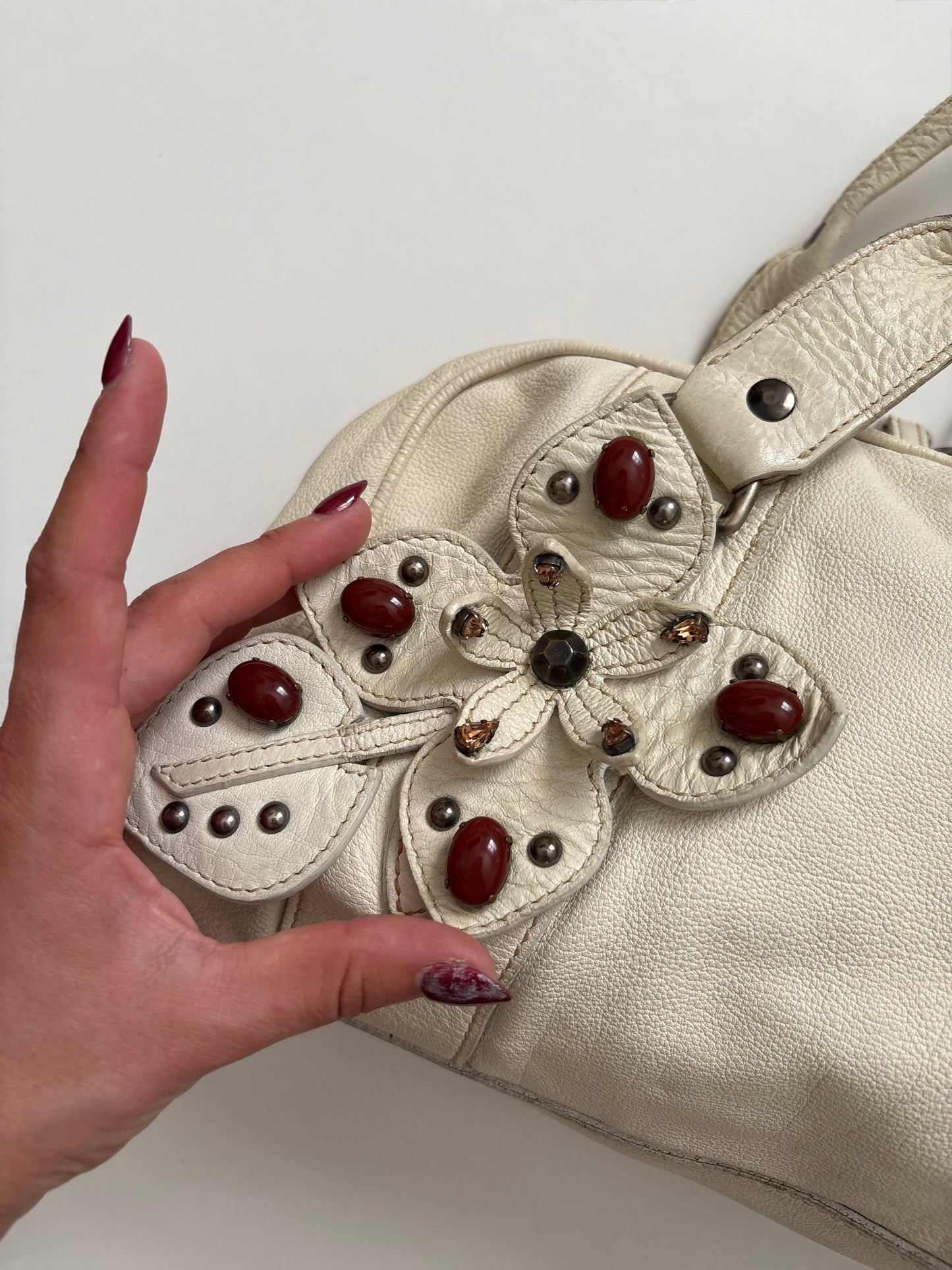 00s Miu Miu cream leather jewel baguette