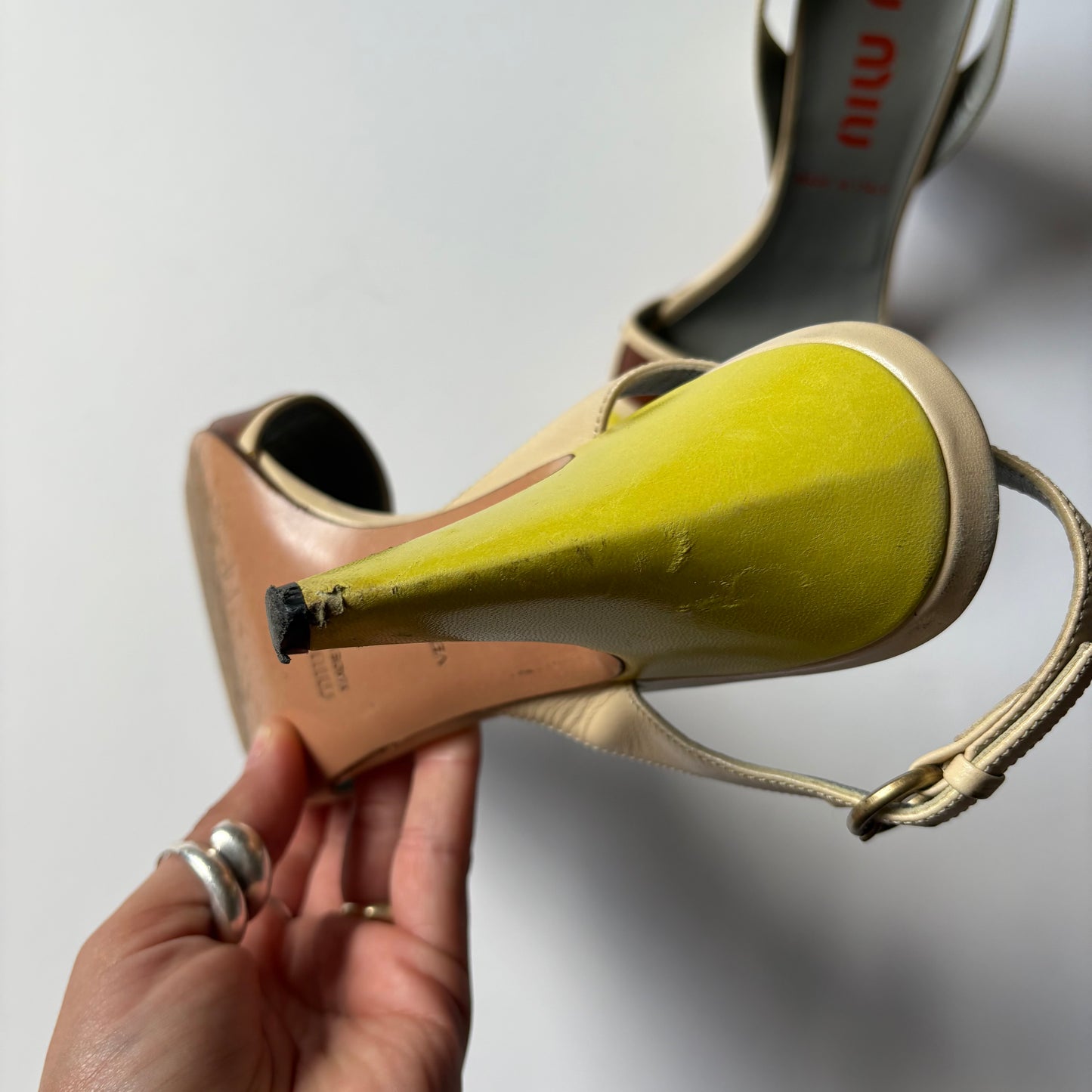 Miu Miu green and brown stripe heels