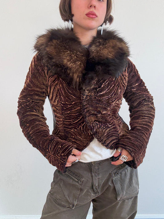 Brown shearling and fox fur jacket