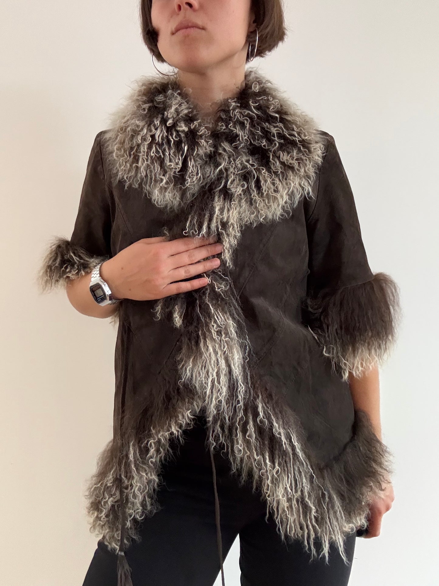 Short sleeve brown Mongolia fur jacket
