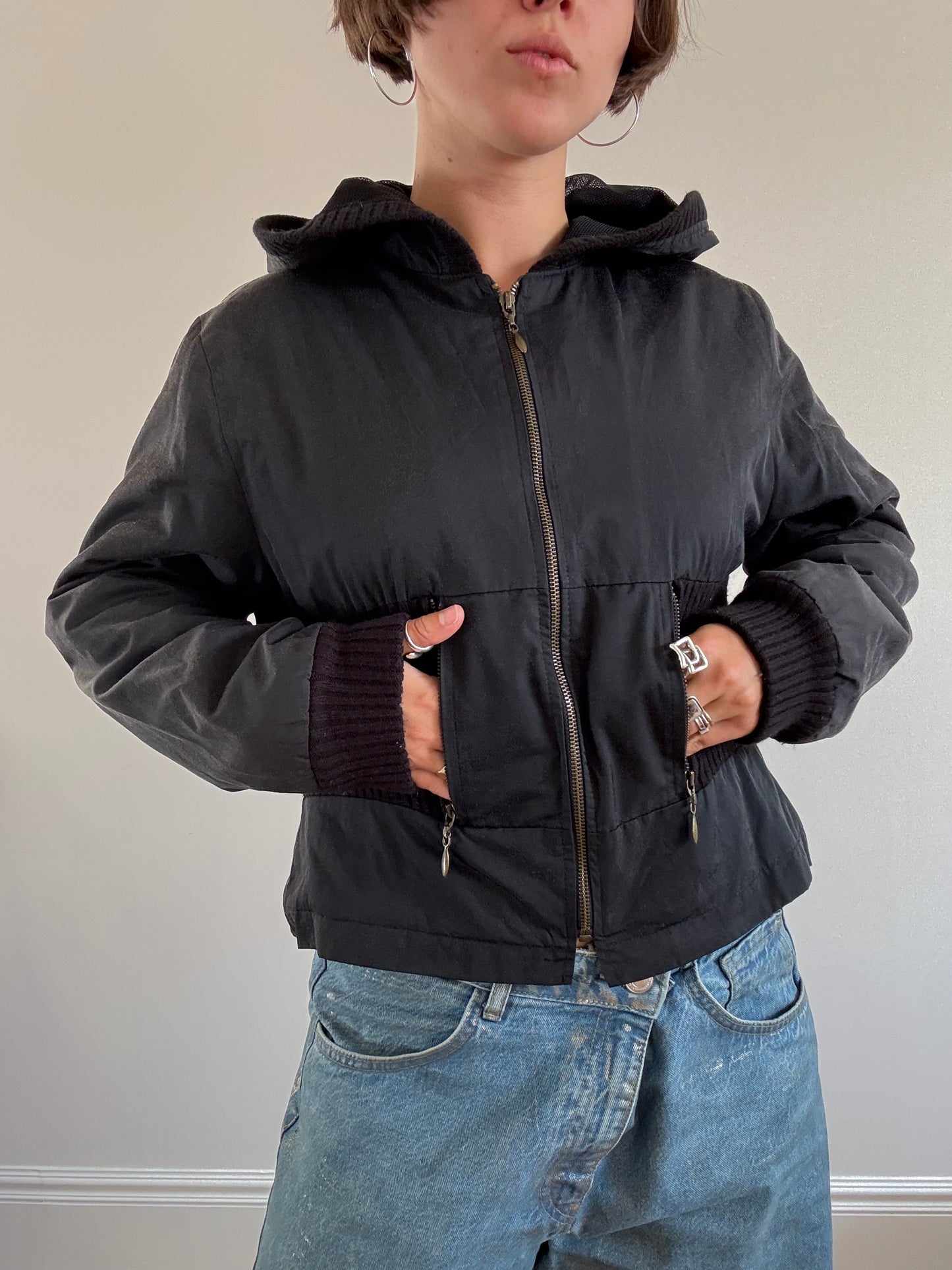 Black cinch waist bomber jacket