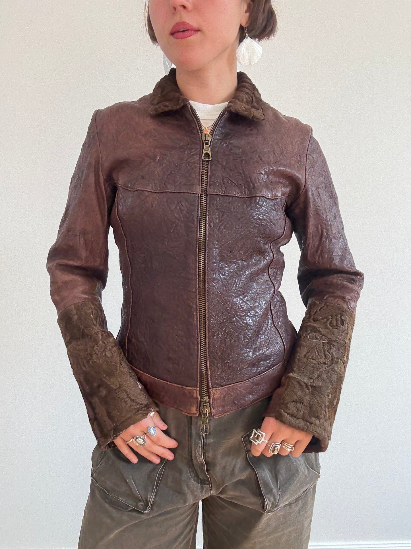 Brown leather and pony skin jacket