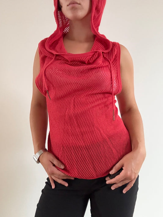 Red net sleeveless hoodie