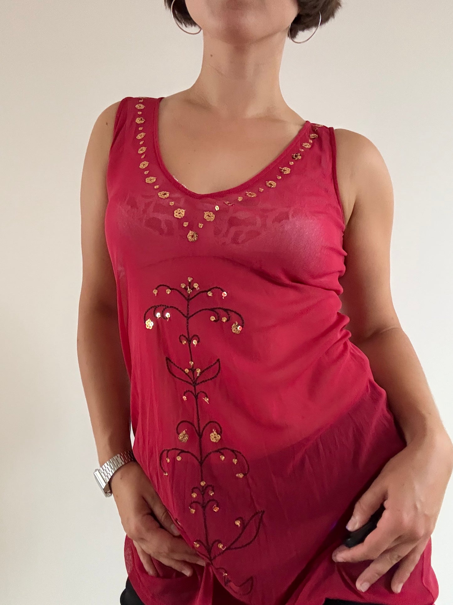 Red mesh sheer tunic