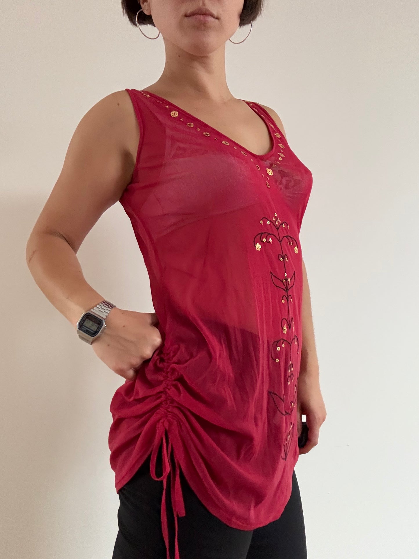 Red mesh sheer tunic