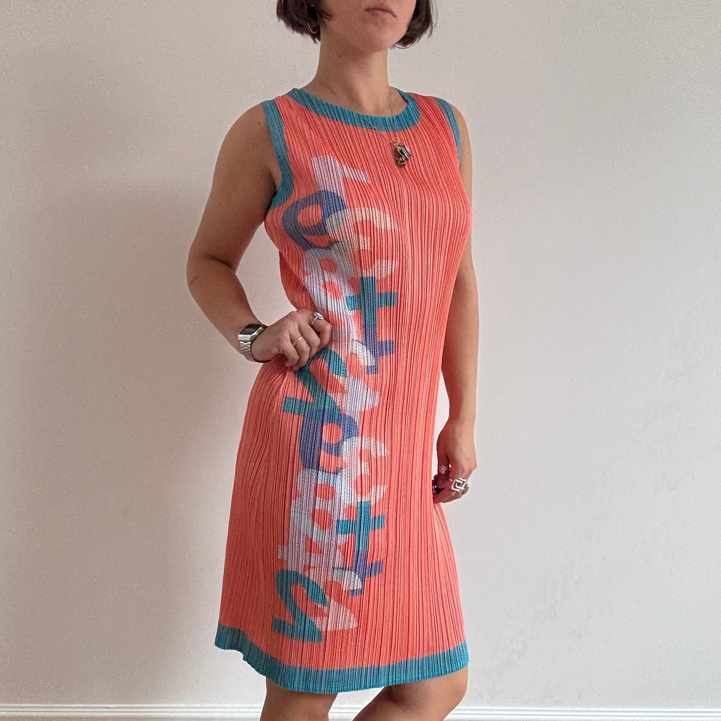 Issey Miyake Pleats Please coral and blue dress
