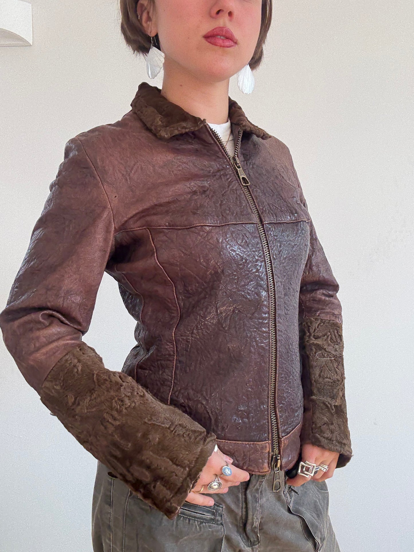 Brown leather and pony skin jacket