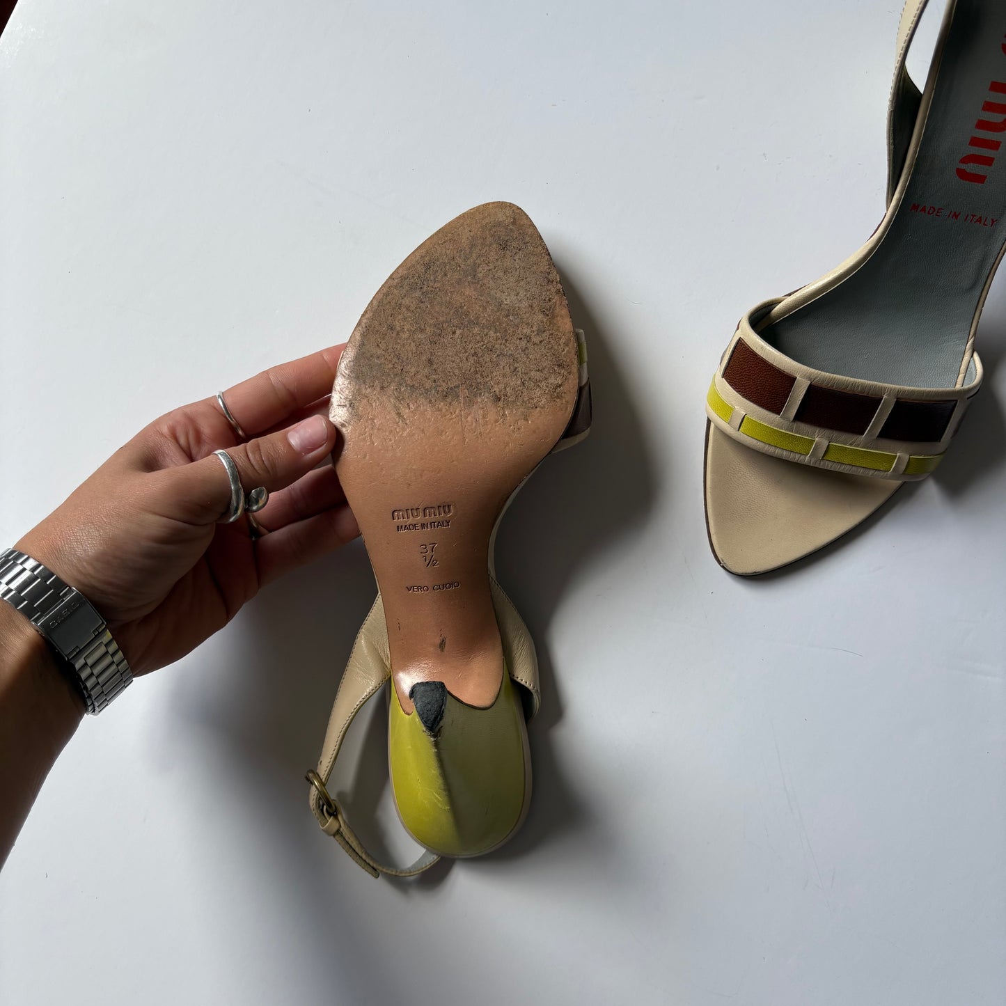 Miu Miu green and brown stripe heels