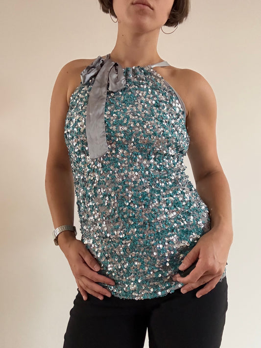 Teal and grey sequin top