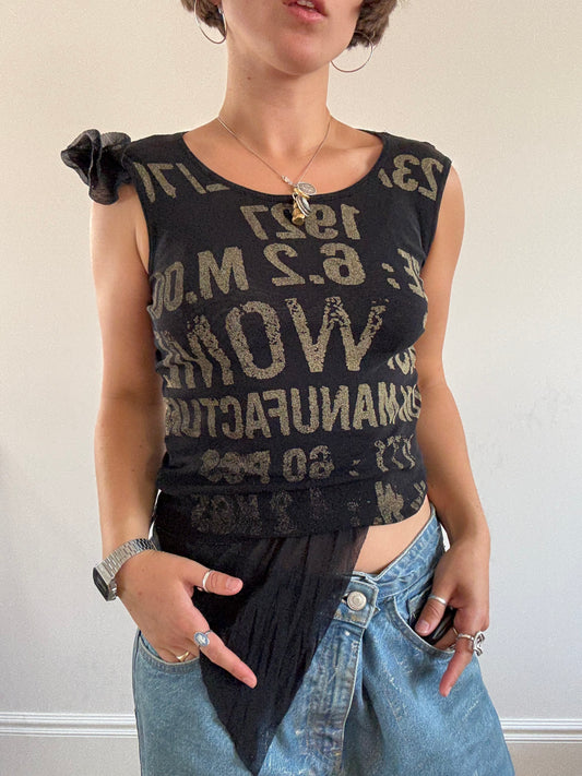 Black mesh vest with khaki lettering