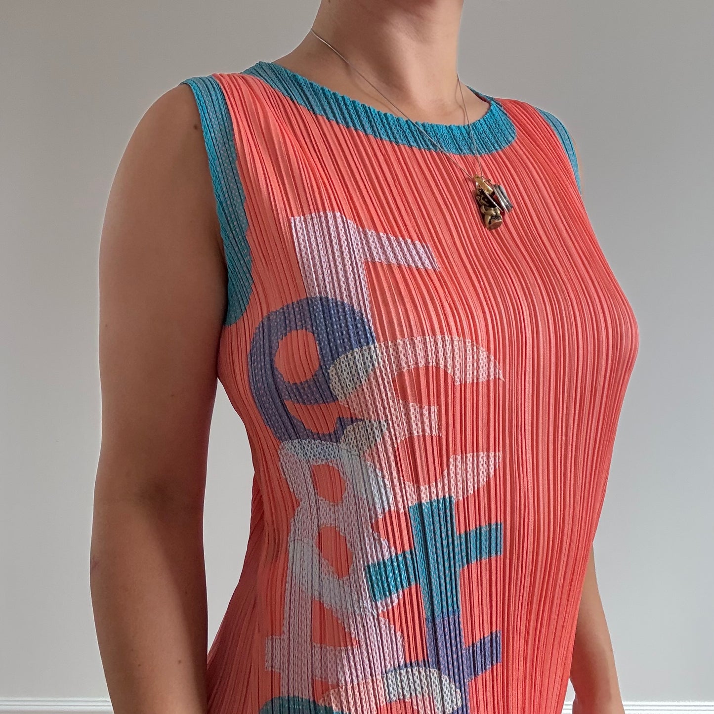 Issey Miyake Pleats Please coral and blue dress